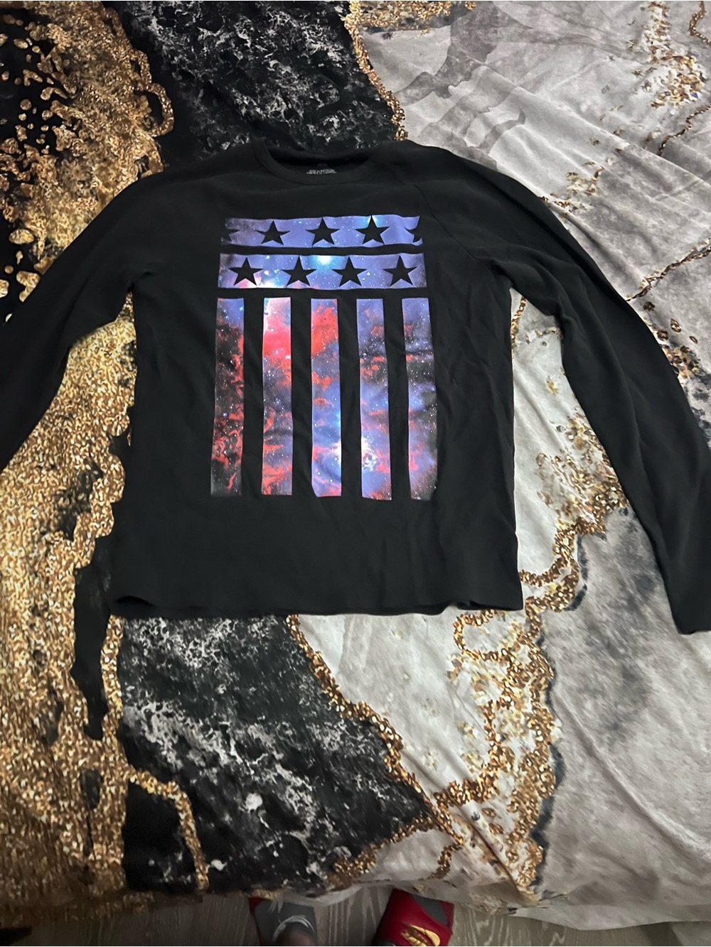 Black Long-Sleeve Graphic Tee with Galaxy Flag Print